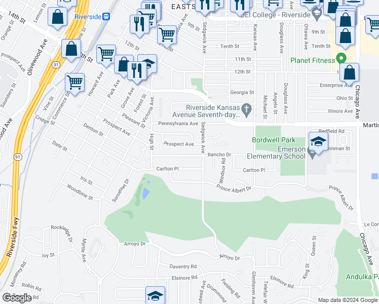 map of restaurants, bars, coffee shops, grocery stores, and more near 2449 Rancho Drive in Riverside