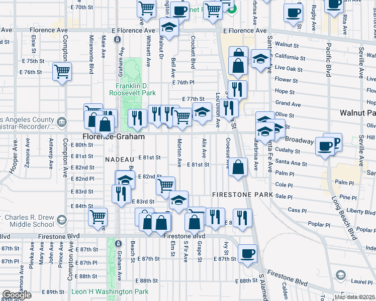 map of restaurants, bars, coffee shops, grocery stores, and more near 8010 Morton Avenue in Los Angeles