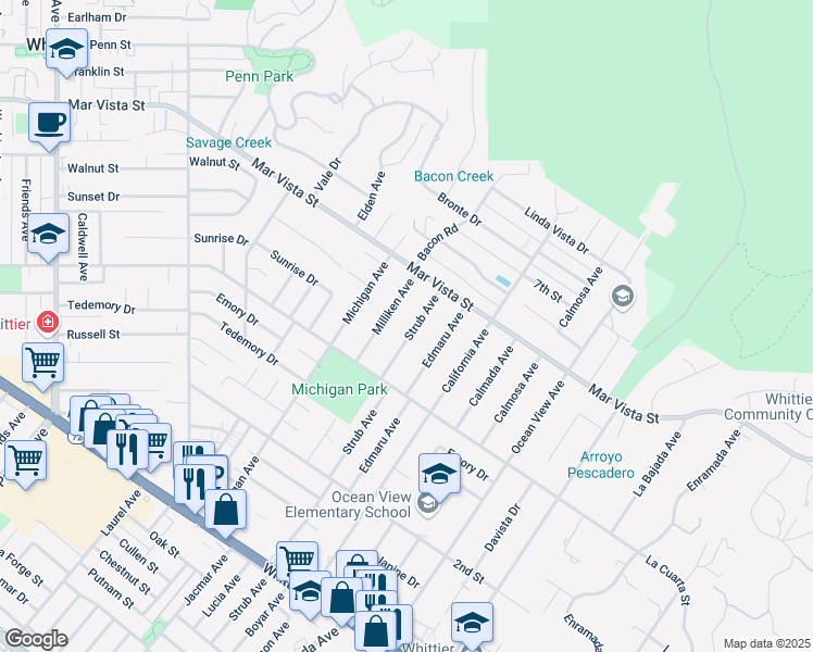 map of restaurants, bars, coffee shops, grocery stores, and more near 8159 Strub Avenue in Whittier