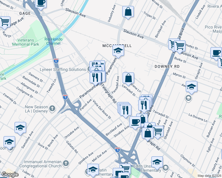 map of restaurants, bars, coffee shops, grocery stores, and more near 8328 Elmont Avenue in Pico Rivera