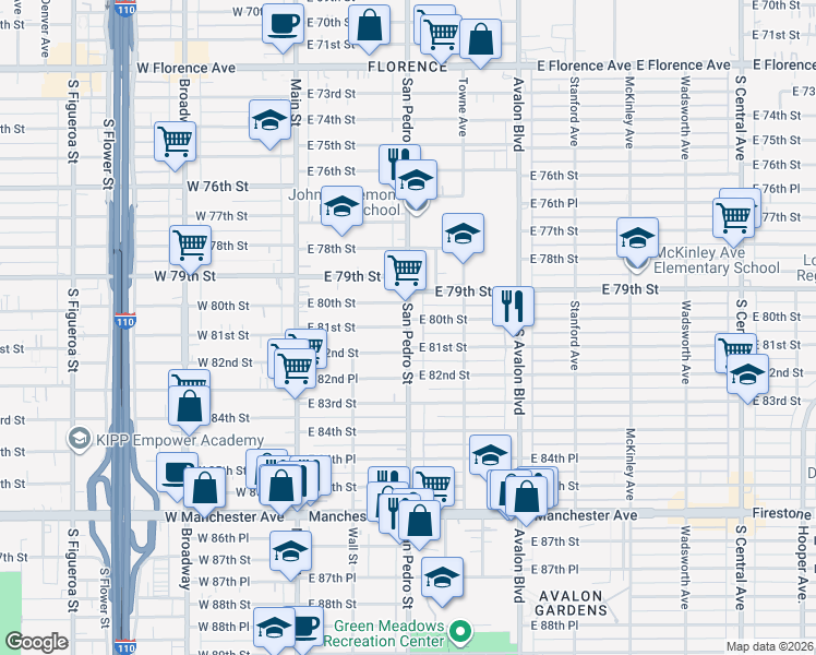 map of restaurants, bars, coffee shops, grocery stores, and more near South San Pedro Street & East 81st Street in Los Angeles