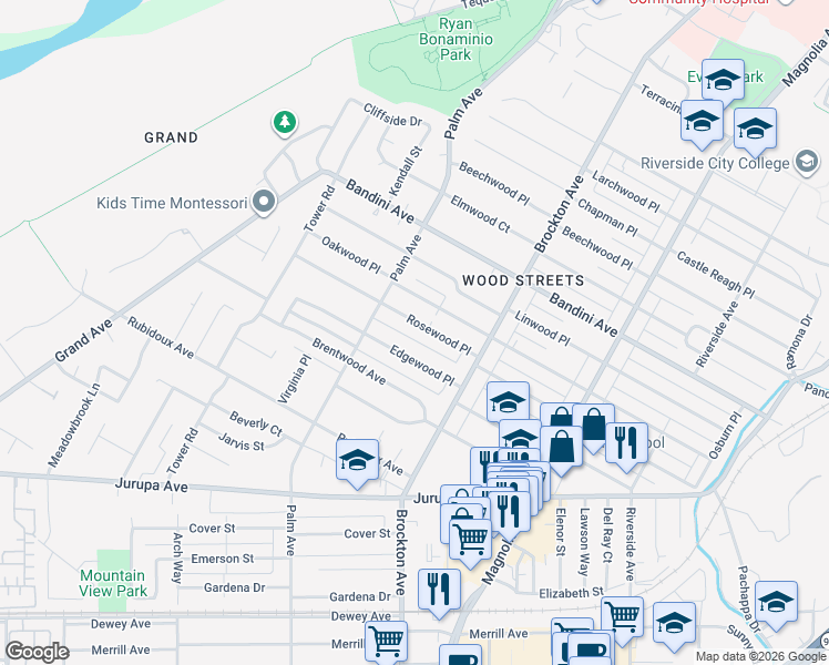 map of restaurants, bars, coffee shops, grocery stores, and more near 4342 Rosewood Place in Riverside