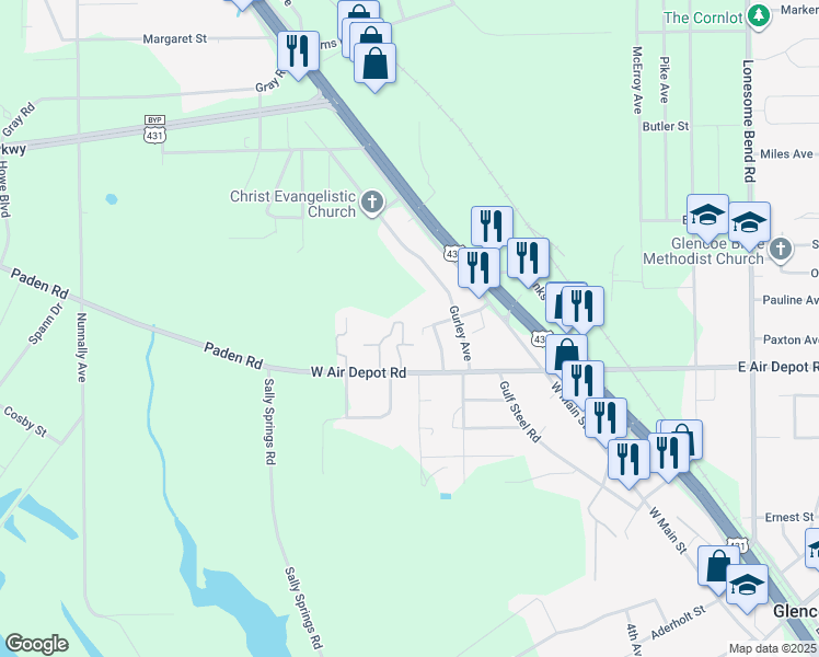 map of restaurants, bars, coffee shops, grocery stores, and more near 305 West Air Depot Road in Gadsden