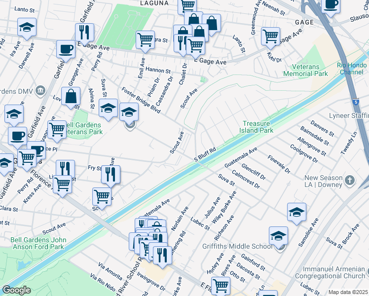 map of restaurants, bars, coffee shops, grocery stores, and more near 7349 Suva Street in Downey