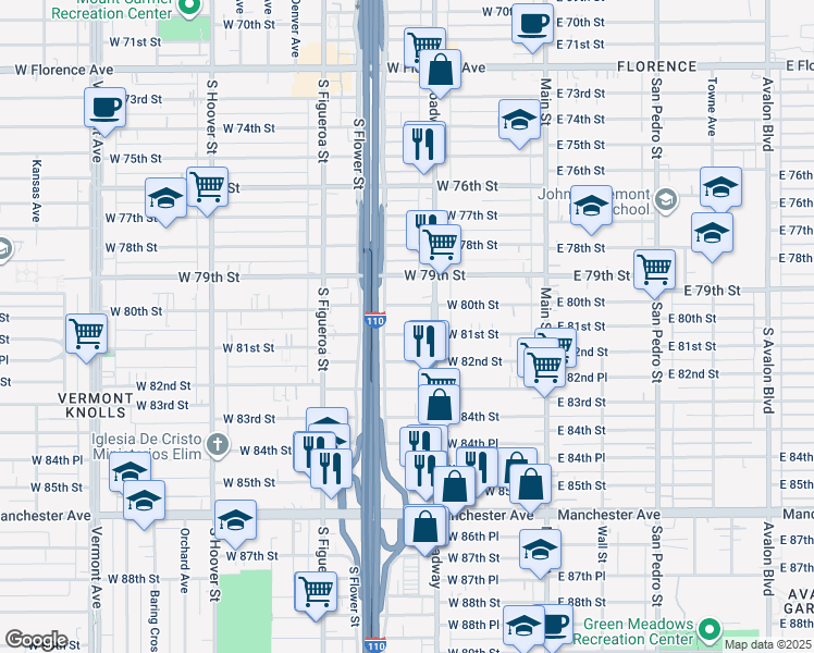 map of restaurants, bars, coffee shops, grocery stores, and more near 331 West 81st Street in Los Angeles