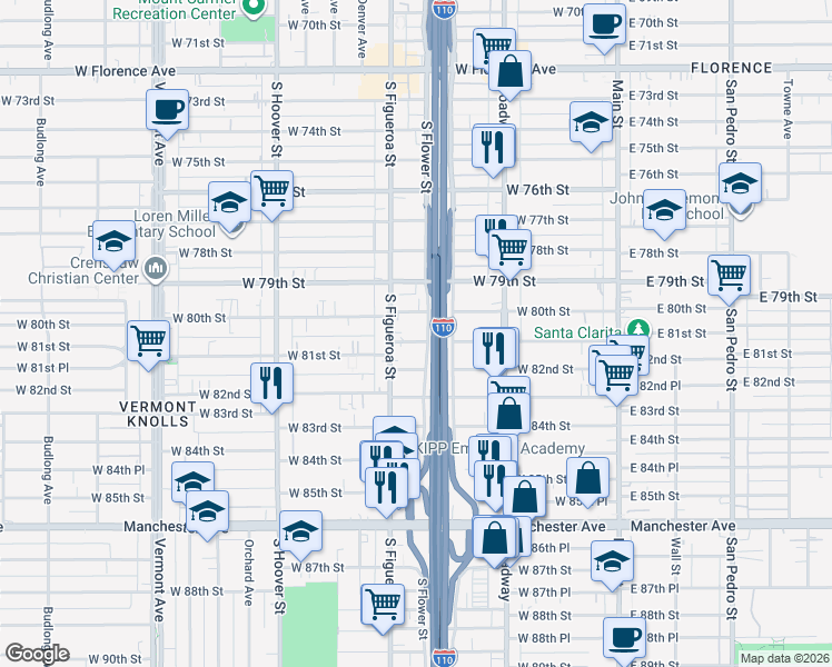 map of restaurants, bars, coffee shops, grocery stores, and more near 437 West 81st Street in Los Angeles