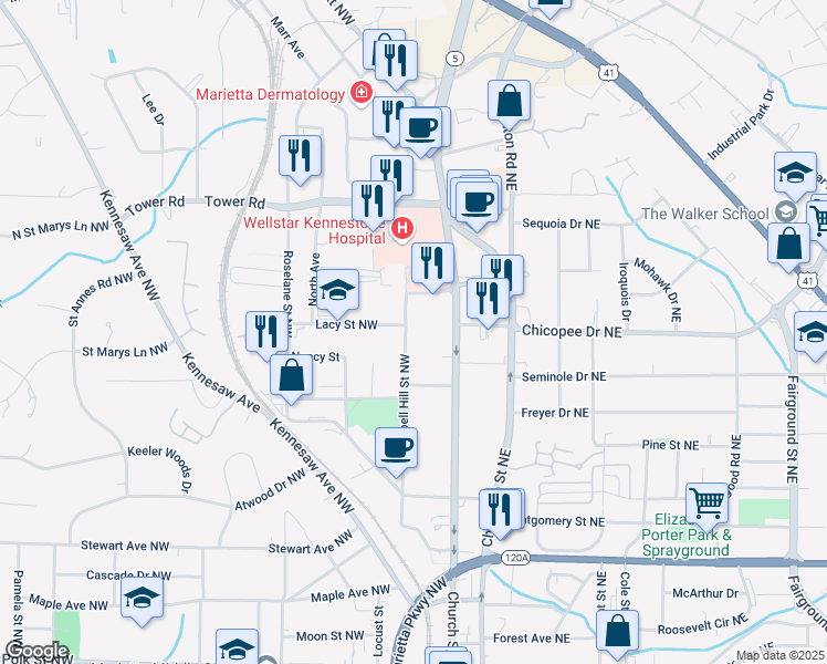 map of restaurants, bars, coffee shops, grocery stores, and more near 598 Campbell Hill Street Northwest in Marietta