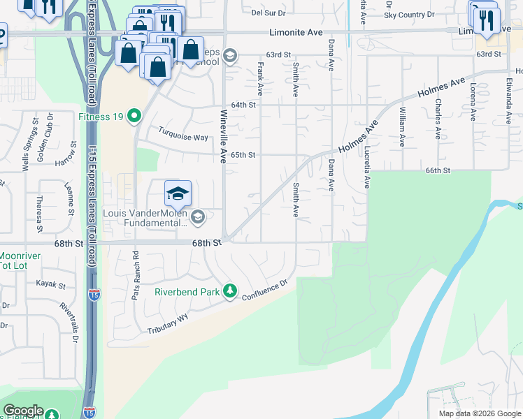 map of restaurants, bars, coffee shops, grocery stores, and more near 11685 Holmes Avenue in Jurupa Valley