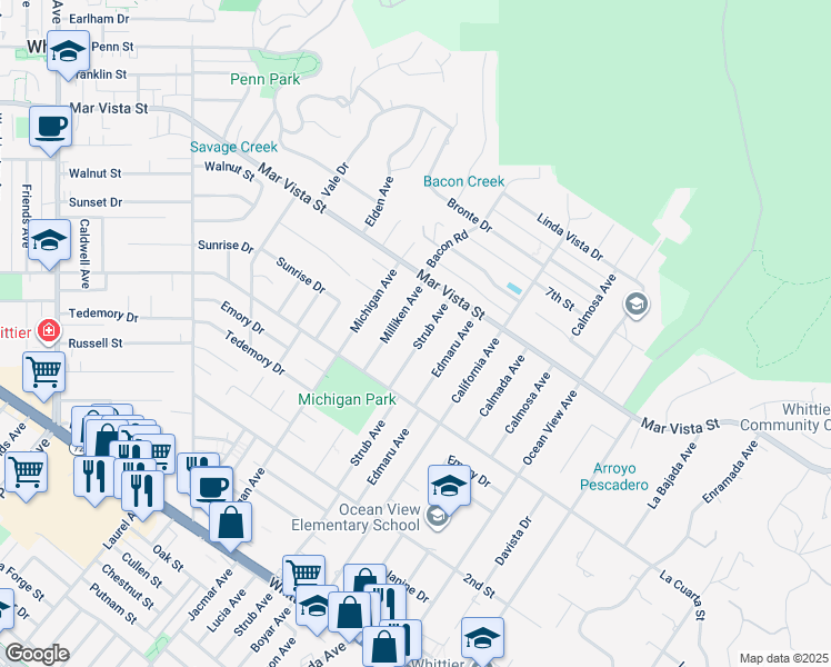 map of restaurants, bars, coffee shops, grocery stores, and more near 8159 Strub Avenue in Whittier