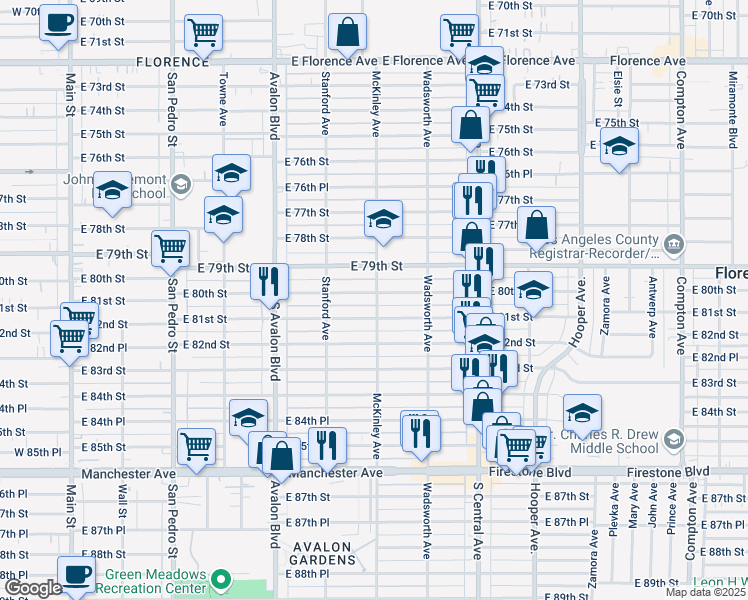 map of restaurants, bars, coffee shops, grocery stores, and more near 743 East 81st Street in Los Angeles