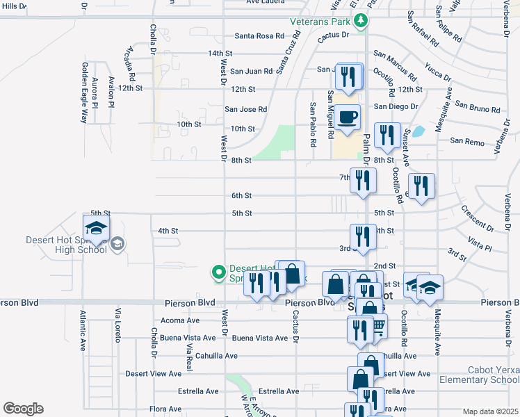 map of restaurants, bars, coffee shops, grocery stores, and more near 66126 5th Street in Desert Hot Springs