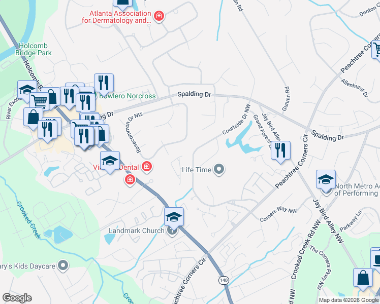 map of restaurants, bars, coffee shops, grocery stores, and more near 6196 Courtside Drive Northwest in Norcross