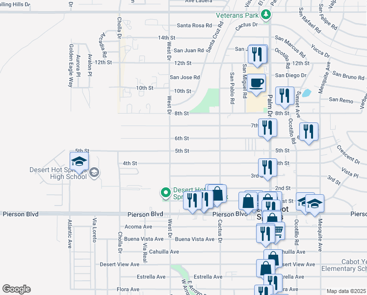 map of restaurants, bars, coffee shops, grocery stores, and more near 66072 5th Street in Desert Hot Springs