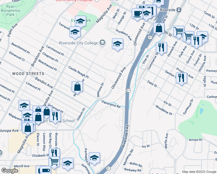 map of restaurants, bars, coffee shops, grocery stores, and more near 5133 Olivewood Avenue in Riverside