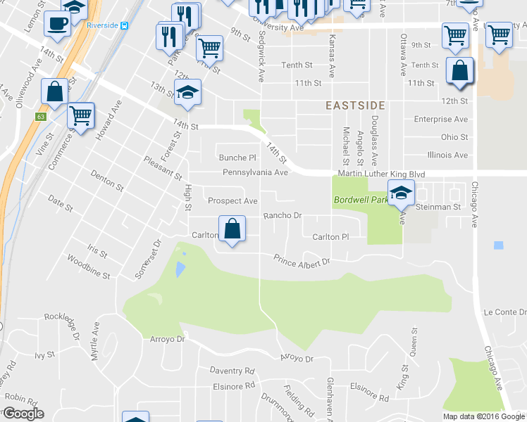 map of restaurants, bars, coffee shops, grocery stores, and more near 2363 Rancho Drive in Riverside