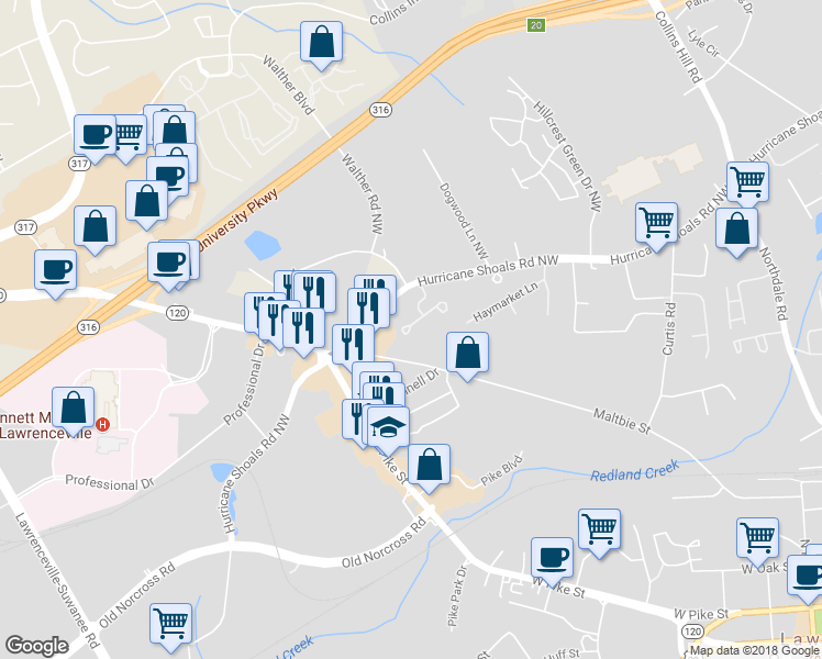 map of restaurants, bars, coffee shops, grocery stores, and more near 403 Bridge Way in Lawrenceville