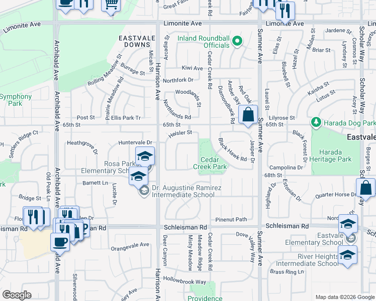 map of restaurants, bars, coffee shops, grocery stores, and more near 6694 Elysian Court in Corona