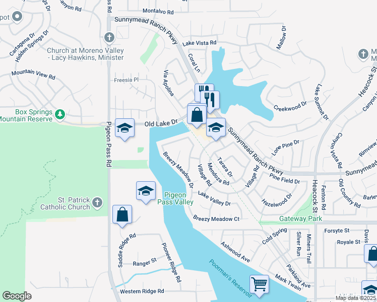 map of restaurants, bars, coffee shops, grocery stores, and more near 10653 Ridgefield Terrace in Moreno Valley