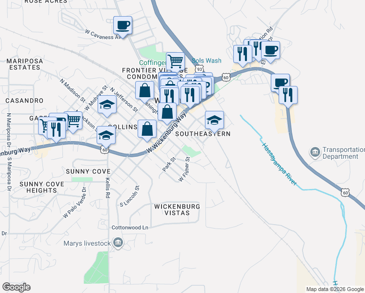 map of restaurants, bars, coffee shops, grocery stores, and more near 150 Park Street in Wickenburg