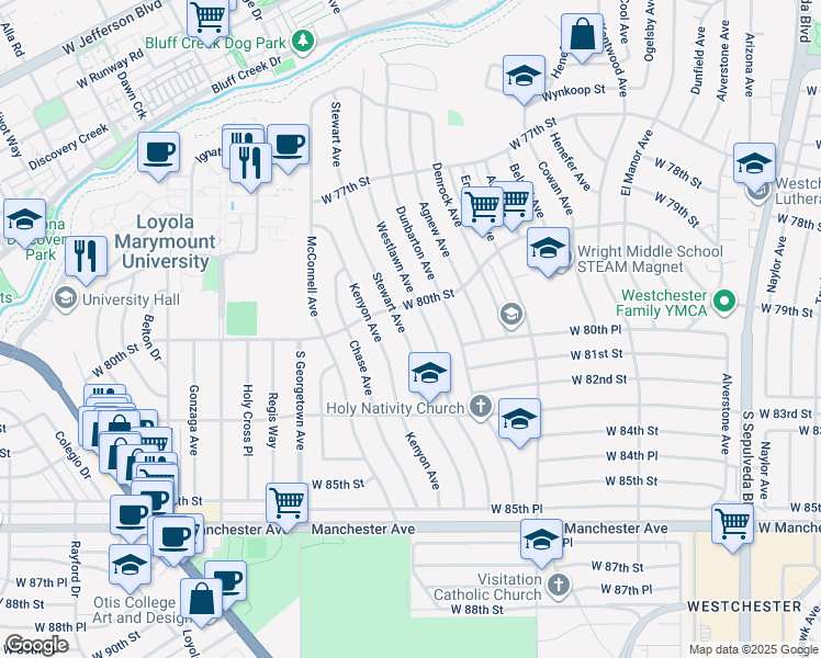 map of restaurants, bars, coffee shops, grocery stores, and more near 8024 Stewart Avenue in Los Angeles