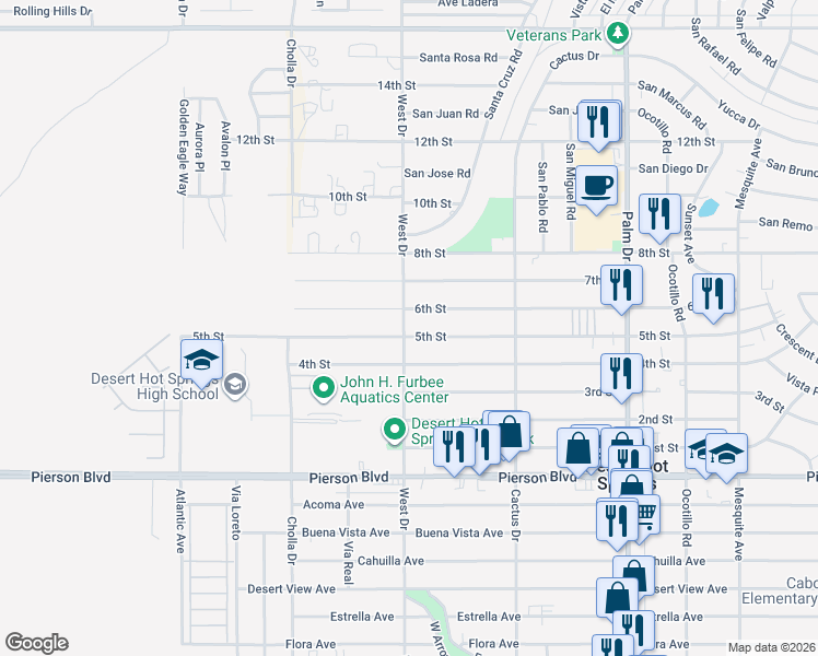 map of restaurants, bars, coffee shops, grocery stores, and more near 66032 5th Street in Desert Hot Springs