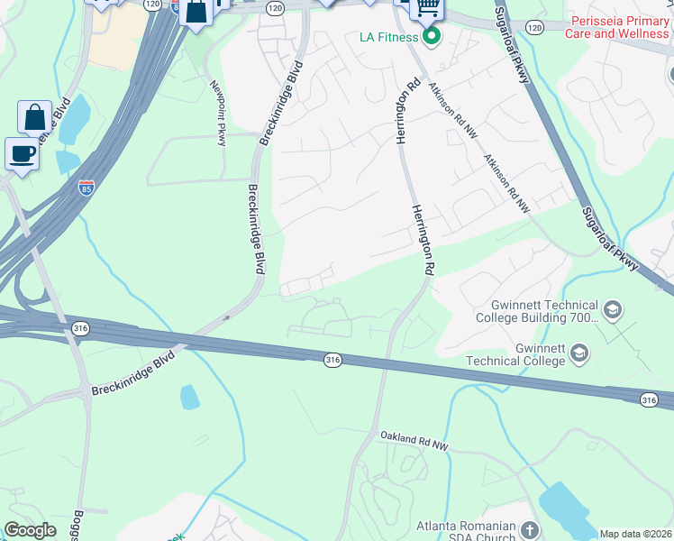 map of restaurants, bars, coffee shops, grocery stores, and more near 1628 Halliard Drive in Lawrenceville