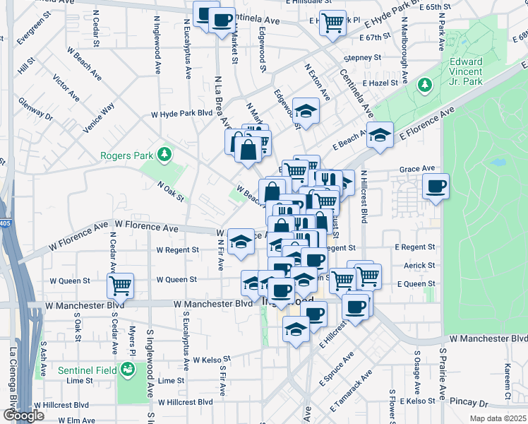 map of restaurants, bars, coffee shops, grocery stores, and more near 257 North La Brea Avenue in Inglewood