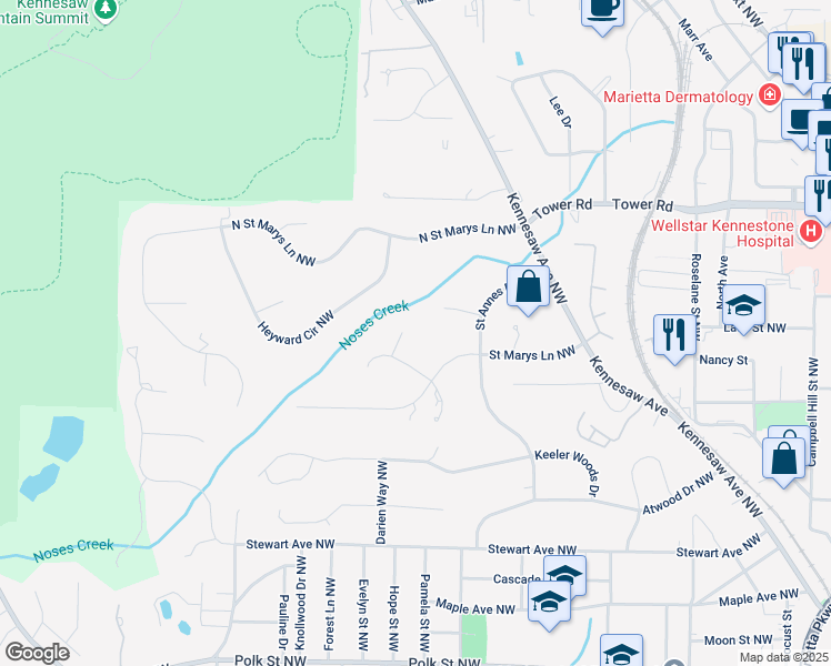 map of restaurants, bars, coffee shops, grocery stores, and more near 514 Saint Teresa Terrace Northwest in Marietta