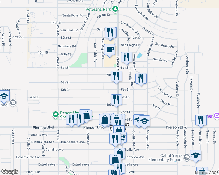 map of restaurants, bars, coffee shops, grocery stores, and more near 66434 5th Street in Desert Hot Springs