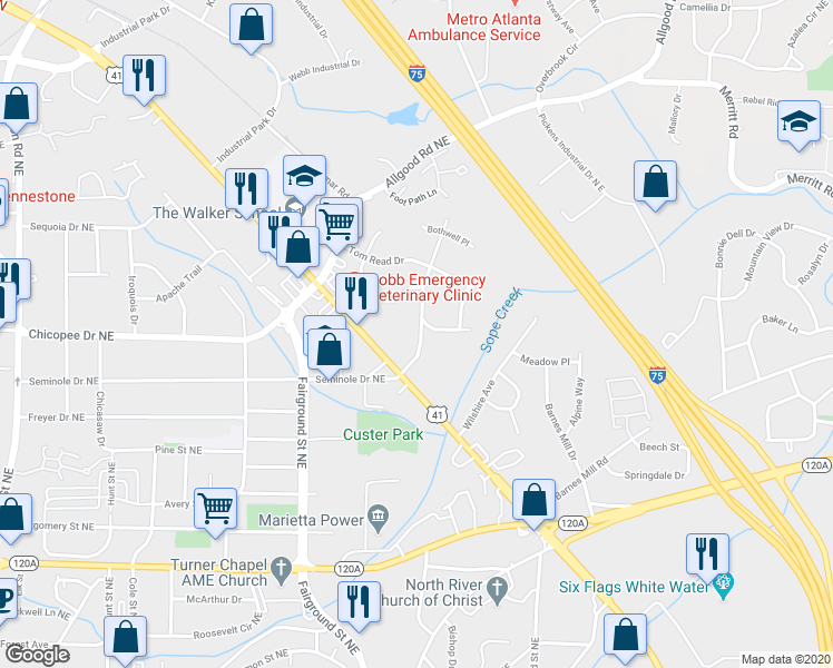 map of restaurants, bars, coffee shops, grocery stores, and more near 619 Seminole Place in Marietta
