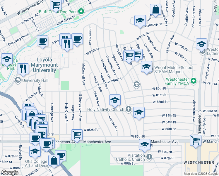 map of restaurants, bars, coffee shops, grocery stores, and more near 8024 Stewart Avenue in Los Angeles
