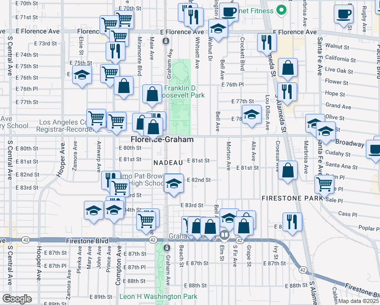 map of restaurants, bars, coffee shops, grocery stores, and more near 8007 Holmes Avenue in Los Angeles