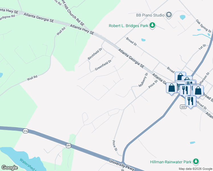 map of restaurants, bars, coffee shops, grocery stores, and more near 476 Whispering Oaks in Statham