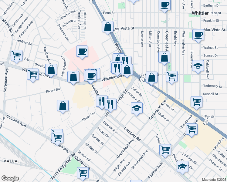map of restaurants, bars, coffee shops, grocery stores, and more near 12548 Adler Drive in Whittier