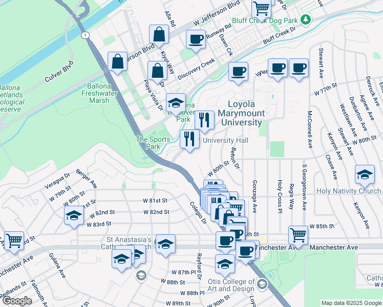 map of restaurants, bars, coffee shops, grocery stores, and more near 7268 Loyola Marymount University Drive in Los Angeles