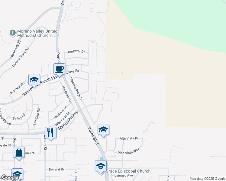map of restaurants, bars, coffee shops, grocery stores, and more near 24884 Miners View Lane in Moreno Valley