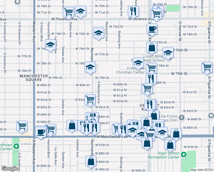 map of restaurants, bars, coffee shops, grocery stores, and more near 1262 West 80th Street in Los Angeles