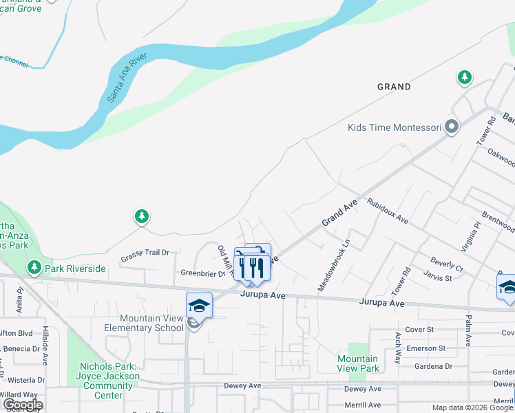 map of restaurants, bars, coffee shops, grocery stores, and more near 5225 Carlingford Avenue in Riverside