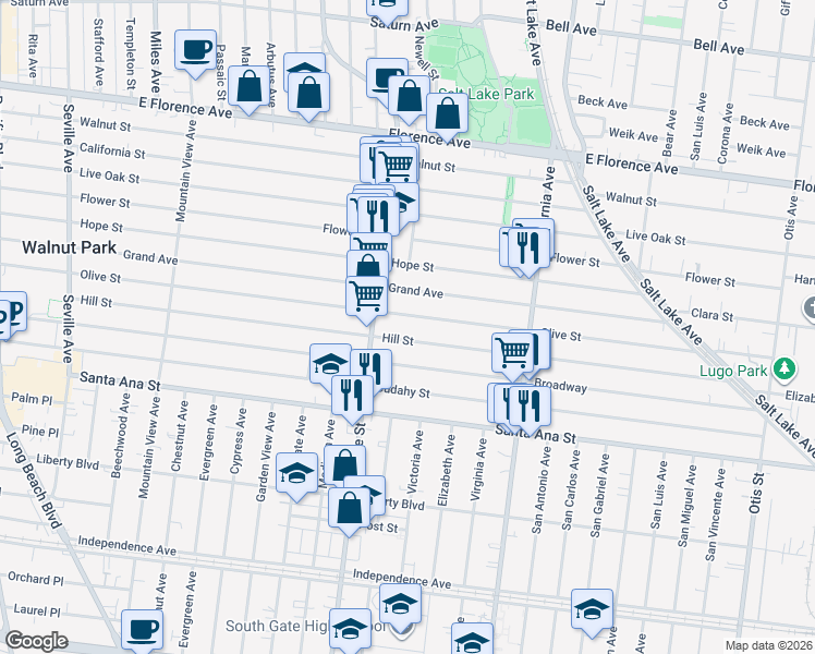 map of restaurants, bars, coffee shops, grocery stores, and more near South Olive Street in Los Angeles