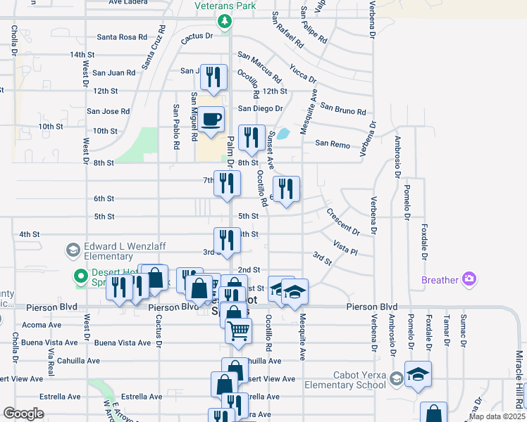 map of restaurants, bars, coffee shops, grocery stores, and more near 66620 5th Street in Desert Hot Springs