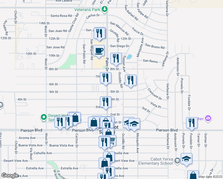map of restaurants, bars, coffee shops, grocery stores, and more near 66540 5th Street in Desert Hot Springs