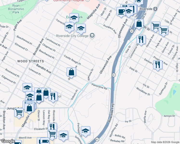 map of restaurants, bars, coffee shops, grocery stores, and more near 3456 Ramona Drive in Riverside