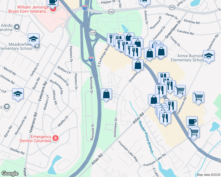 map of restaurants, bars, coffee shops, grocery stores, and more near 807 Forest Park Road in Columbia