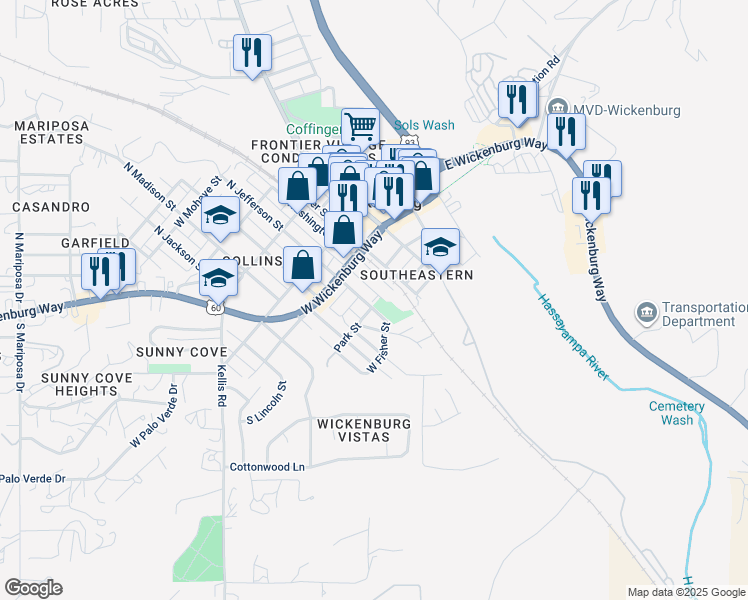 map of restaurants, bars, coffee shops, grocery stores, and more near 150 Park Street in Wickenburg