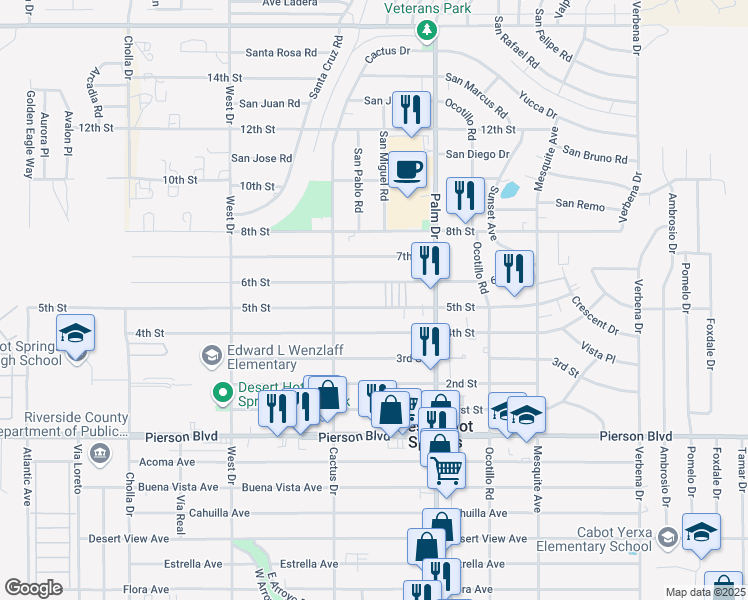 map of restaurants, bars, coffee shops, grocery stores, and more near 66334 5th Street in Desert Hot Springs