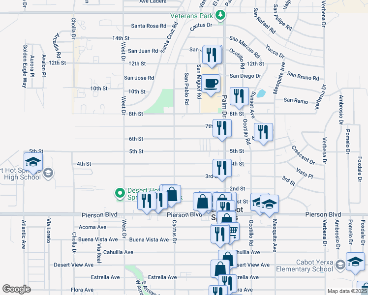 map of restaurants, bars, coffee shops, grocery stores, and more near 66289 5th Street in Desert Hot Springs