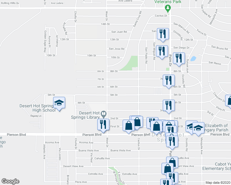 map of restaurants, bars, coffee shops, grocery stores, and more near 66032 5th Street in Desert Hot Springs