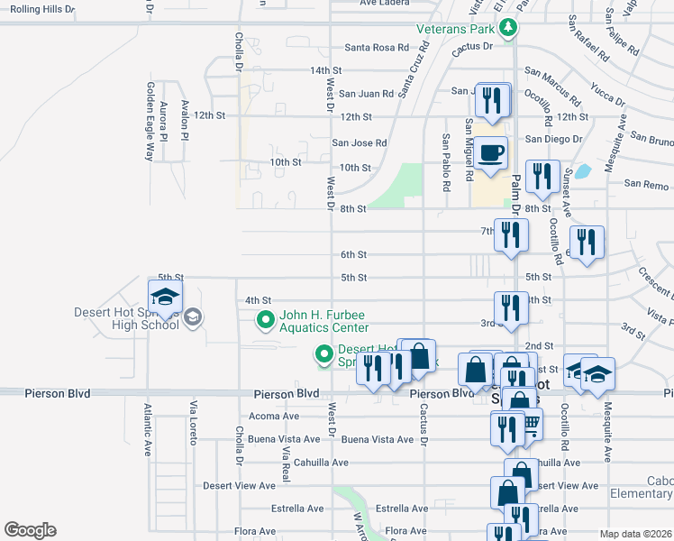 map of restaurants, bars, coffee shops, grocery stores, and more near 66032 5th Street in Desert Hot Springs