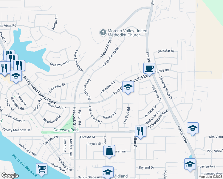 map of restaurants, bars, coffee shops, grocery stores, and more near 10635 Aster Leaf Lane in Moreno Valley