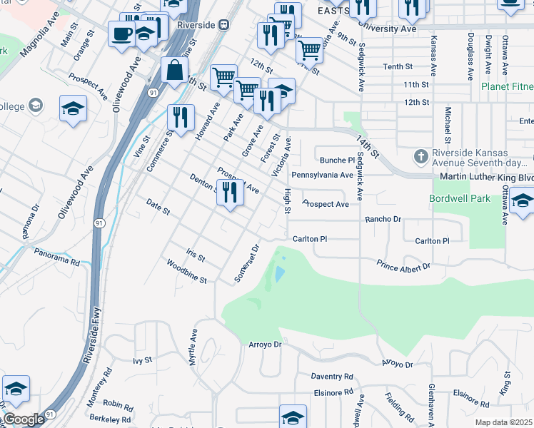 map of restaurants, bars, coffee shops, grocery stores, and more near 4660 Victoria Avenue in Riverside